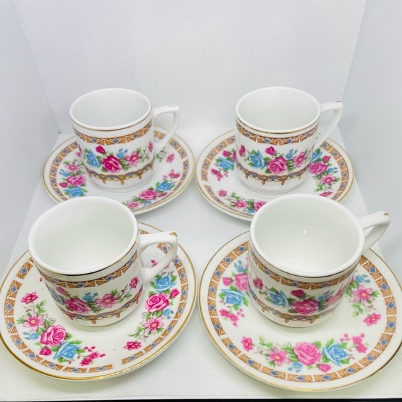 Source Unknown Other - Vintage Demitasse Cup & Saucer Set Pink Roses Porcelain Set Of 4